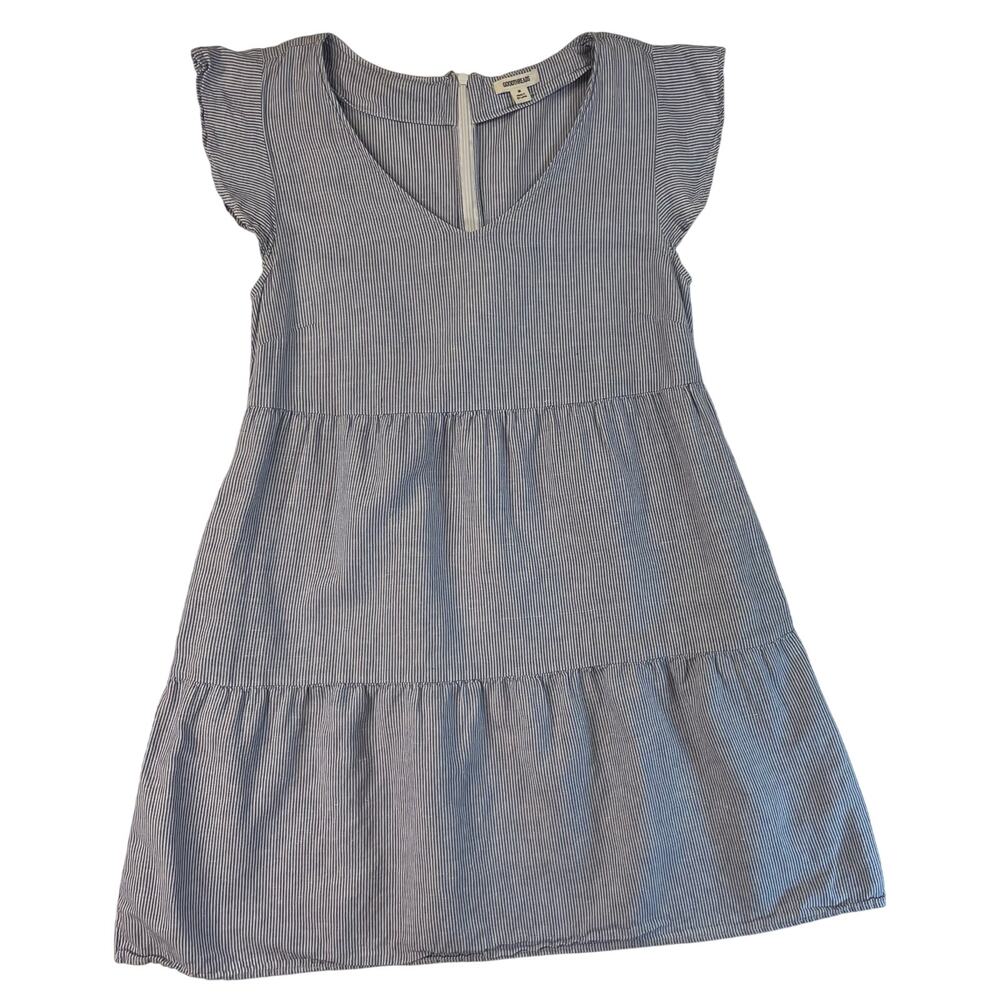 Goodthreads M Blue Stripe Tiered Dress Pockets Beach Brunch Cotton Natural Fiber